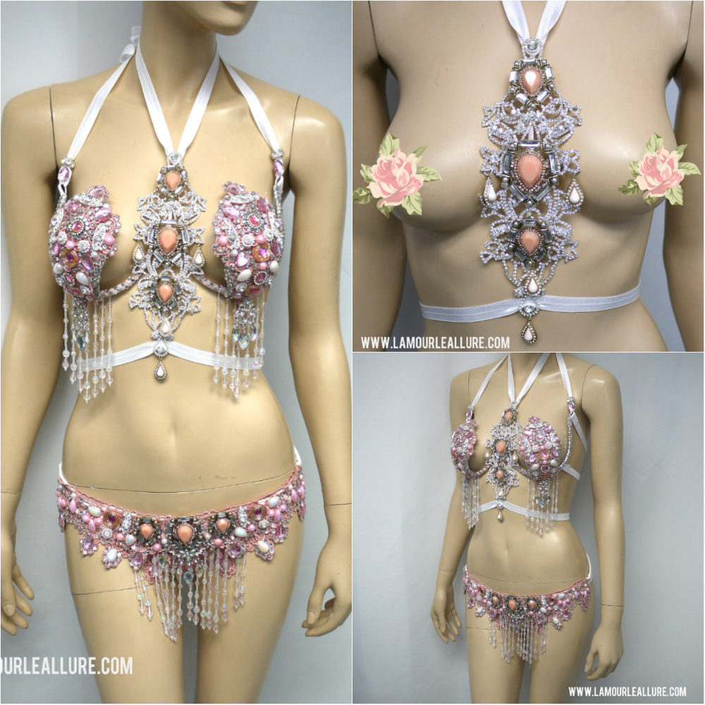 Pink Rhinestone Samba Cage Bra Bikini